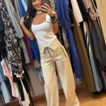 Μπεζ Eco Leather Παντελόνα με Γυριστό Ρεβέρ στη Μέση