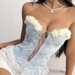 Γαλάζιο Bustier Στράπλες Μπούστο με μπανέλα και Διακοσμητικά λουλούδια