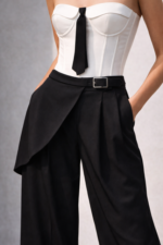 Mochy Μαύρο παντελόνι σε wide leg γραμμή με ενσωματωμένο ζωνάκι και ασύμμετρη λεπτομέρεια στο πλάι - Image 2