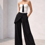 Mochy Μαύρο παντελόνι σε wide leg γραμμή με ενσωματωμένο ζωνάκι και ασύμμετρη λεπτομέρεια στο πλάι