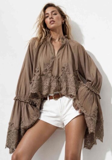 Cropped Μπλούζα/Πουκάμισο με Δαντέλα σε Taupe Απόχρωση