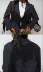 Μαύρο Oversized Σακάκι Διακοσμημένο με Κρόσσια Εμπρός και Πίσω - Image 2